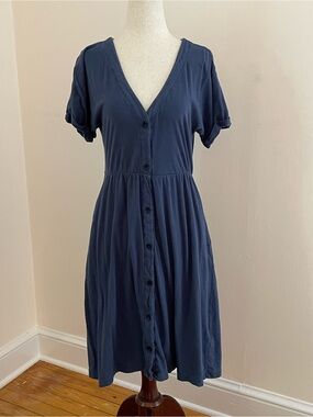 Pact Organic Cotton Linen Button Front Dress XS Blue
